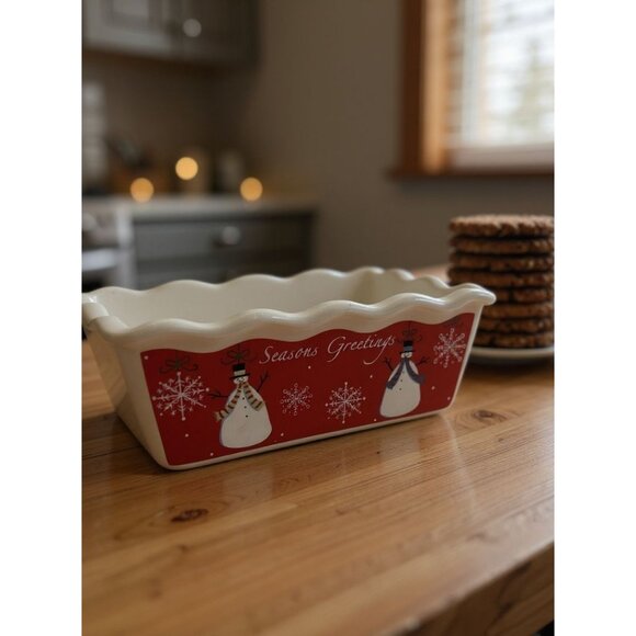 Ceramic Holiday Loaf Pan Snowman & Snowflake Design Seasons Greetings Red - Picture 1 of 7